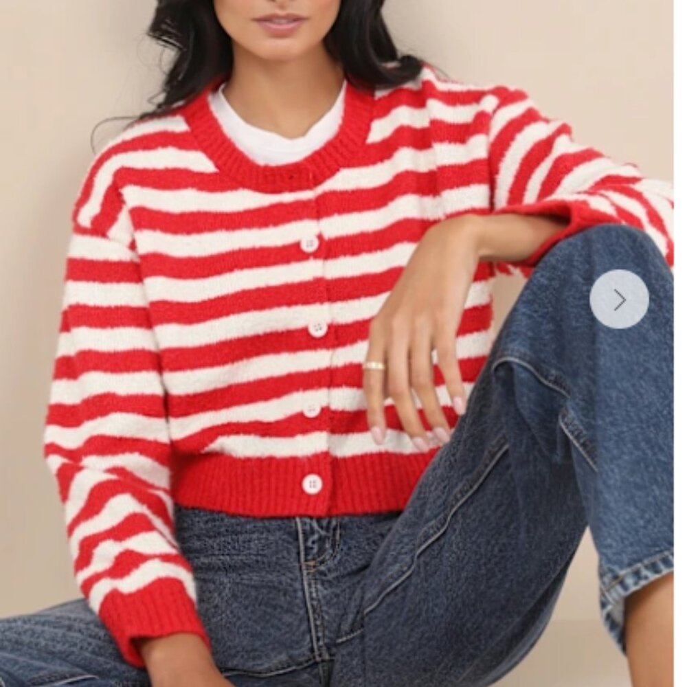 Cutest and Coziest Red and White Striped Crew Neck Cardigan Lulus